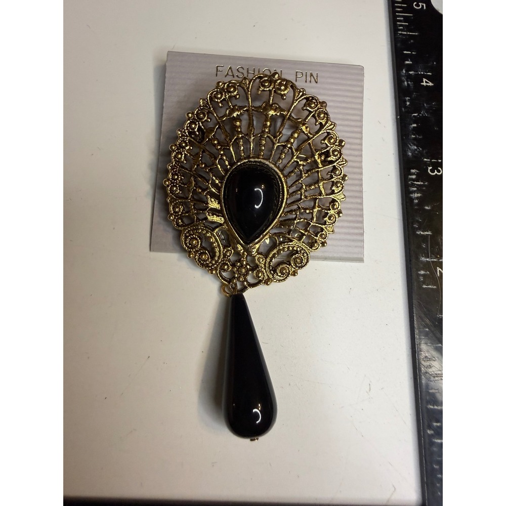 Antique Gold Tone Filigree Brooch Black Teardrop Dangle Fashion Pin Statement